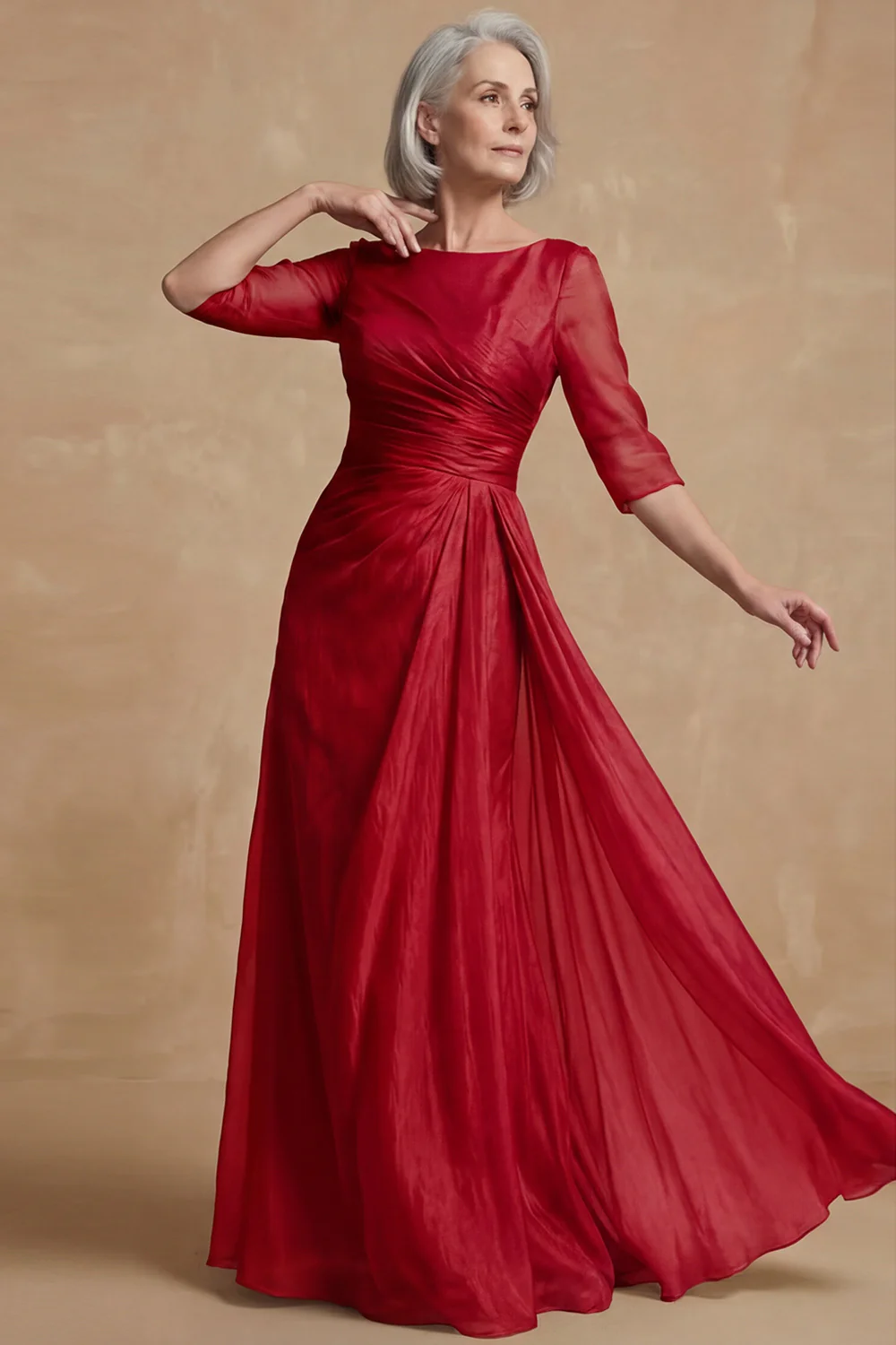 Dusty Sage Ruched A Line Boat Neck Long Mother of the Bride Dress - Image 13