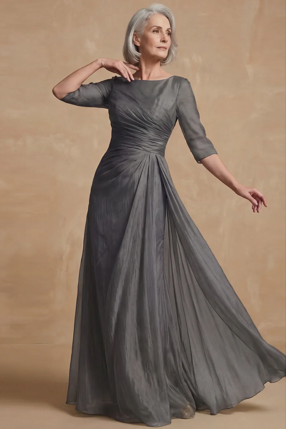 Dusty Sage Ruched A Line Boat Neck Long Mother of the Bride Dress - Image 14
