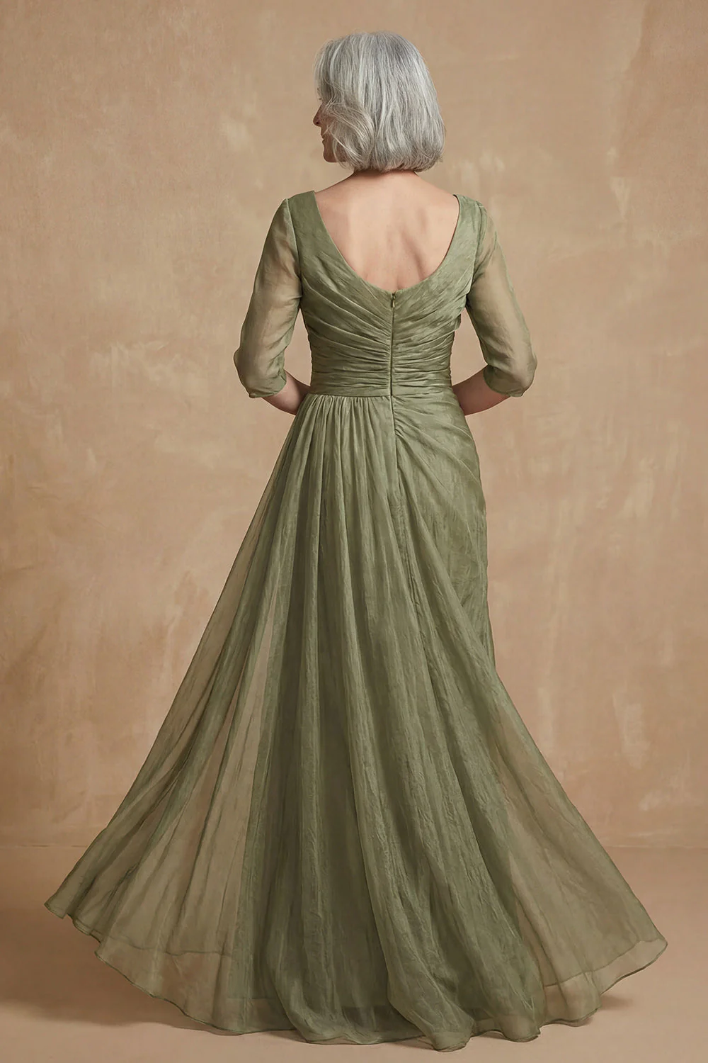 Dusty Sage Ruched A Line Boat Neck Long Mother of the Bride Dress - Image 2
