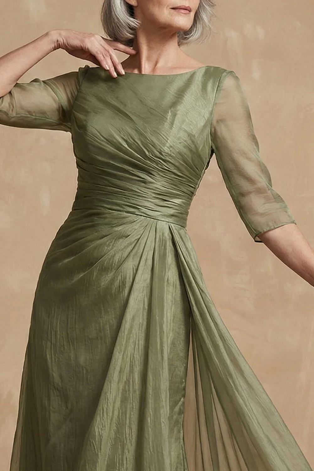 Dusty Sage Ruched A Line Boat Neck Long Mother of the Bride Dress - Image 3
