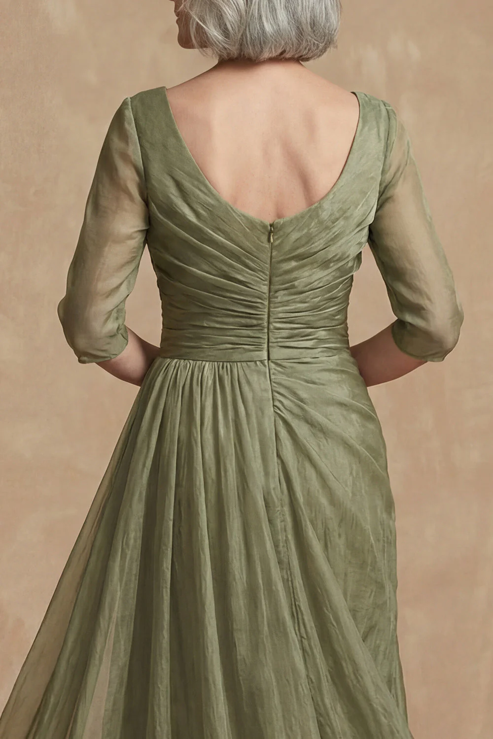 Dusty Sage Ruched A Line Boat Neck Long Mother of the Bride Dress - Image 4