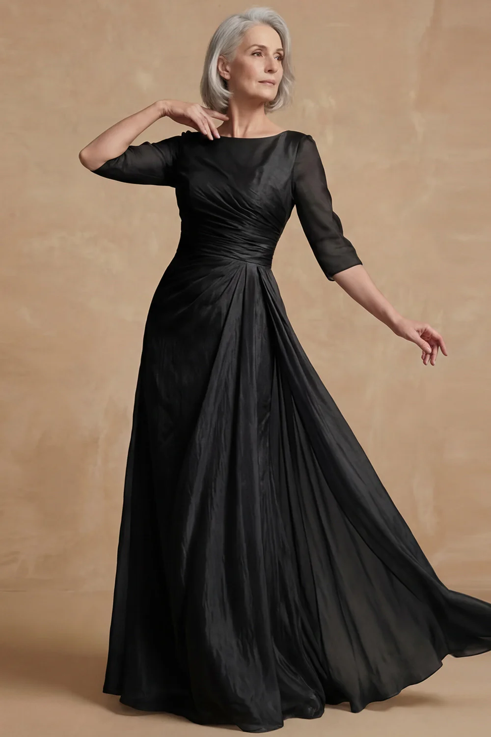 Dusty Sage Ruched A Line Boat Neck Long Mother of the Bride Dress - Image 5