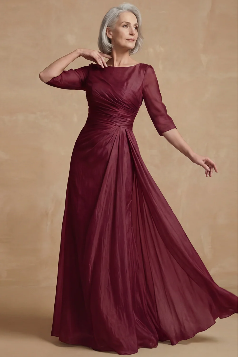 Dusty Sage Ruched A Line Boat Neck Long Mother of the Bride Dress - Image 6