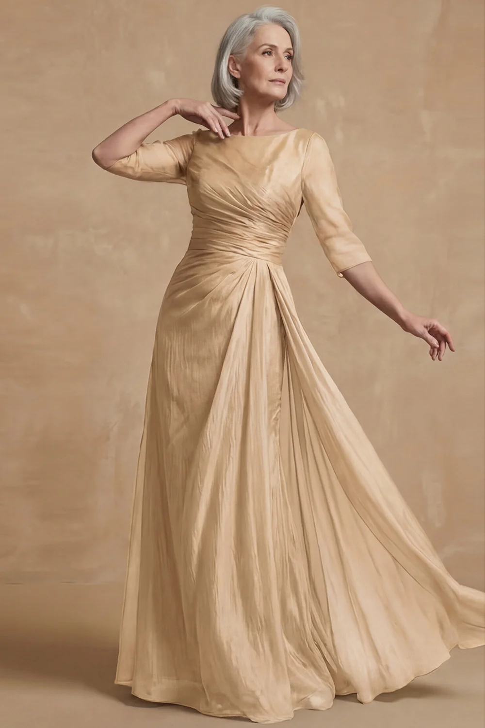 Dusty Sage Ruched A Line Boat Neck Long Mother of the Bride Dress - Image 7