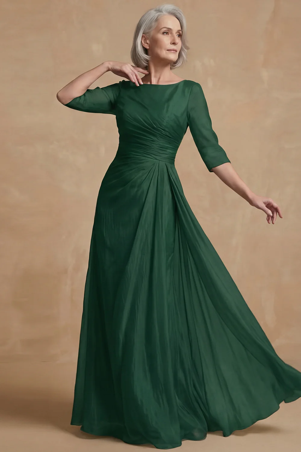Dusty Sage Ruched A Line Boat Neck Long Mother of the Bride Dress - Image 8