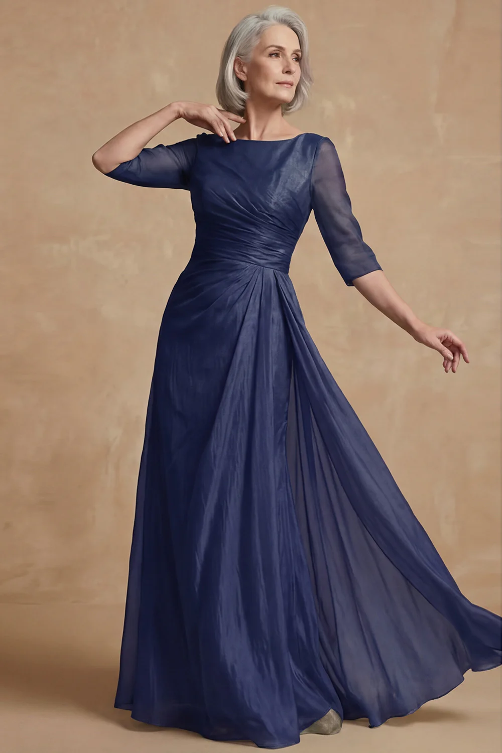 Dusty Sage Ruched A Line Boat Neck Long Mother of the Bride Dress - Image 9