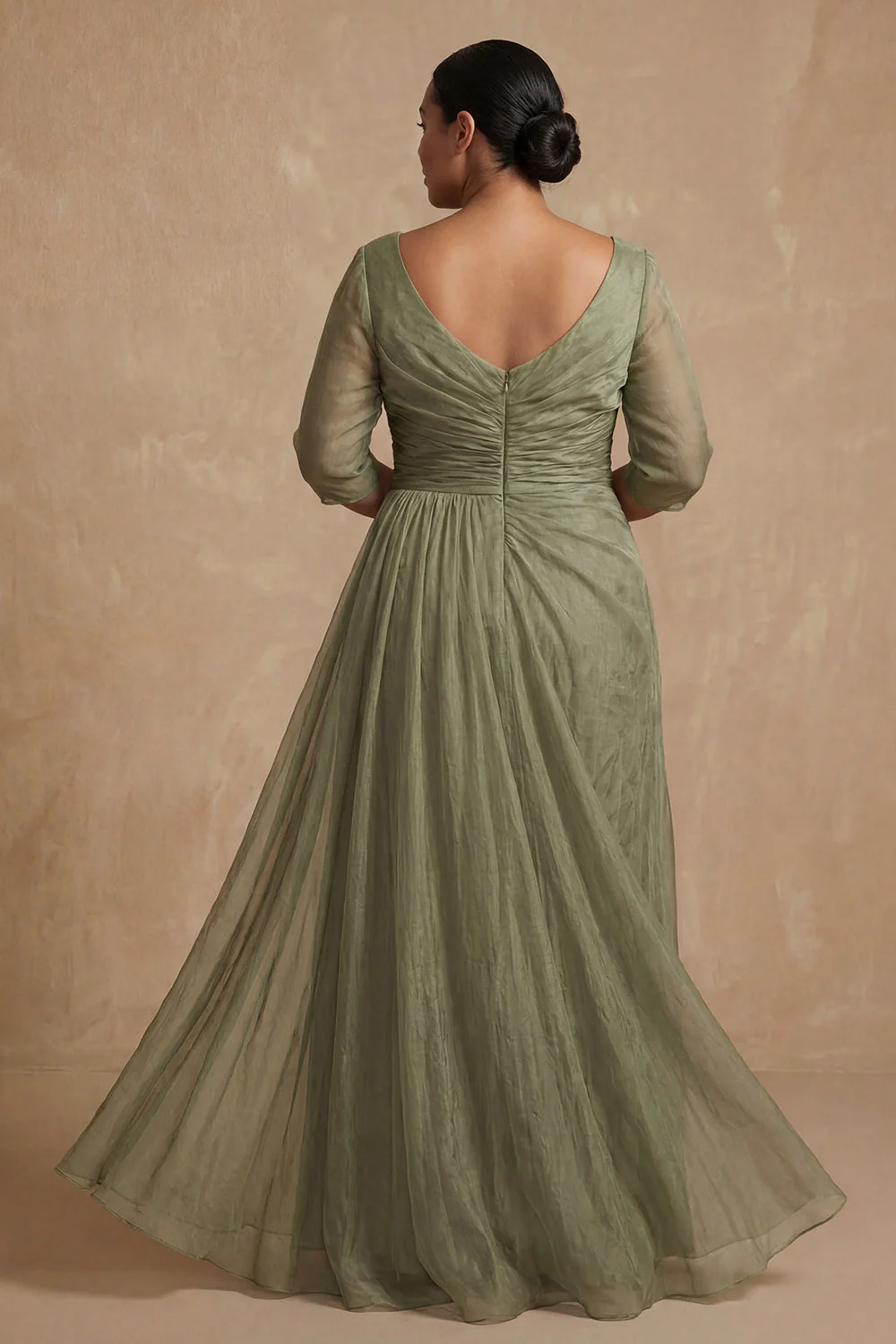 Dusty Sage Ruched A Line Half Sleeves Plus Size Mother Of The Bride Dress - Image 2