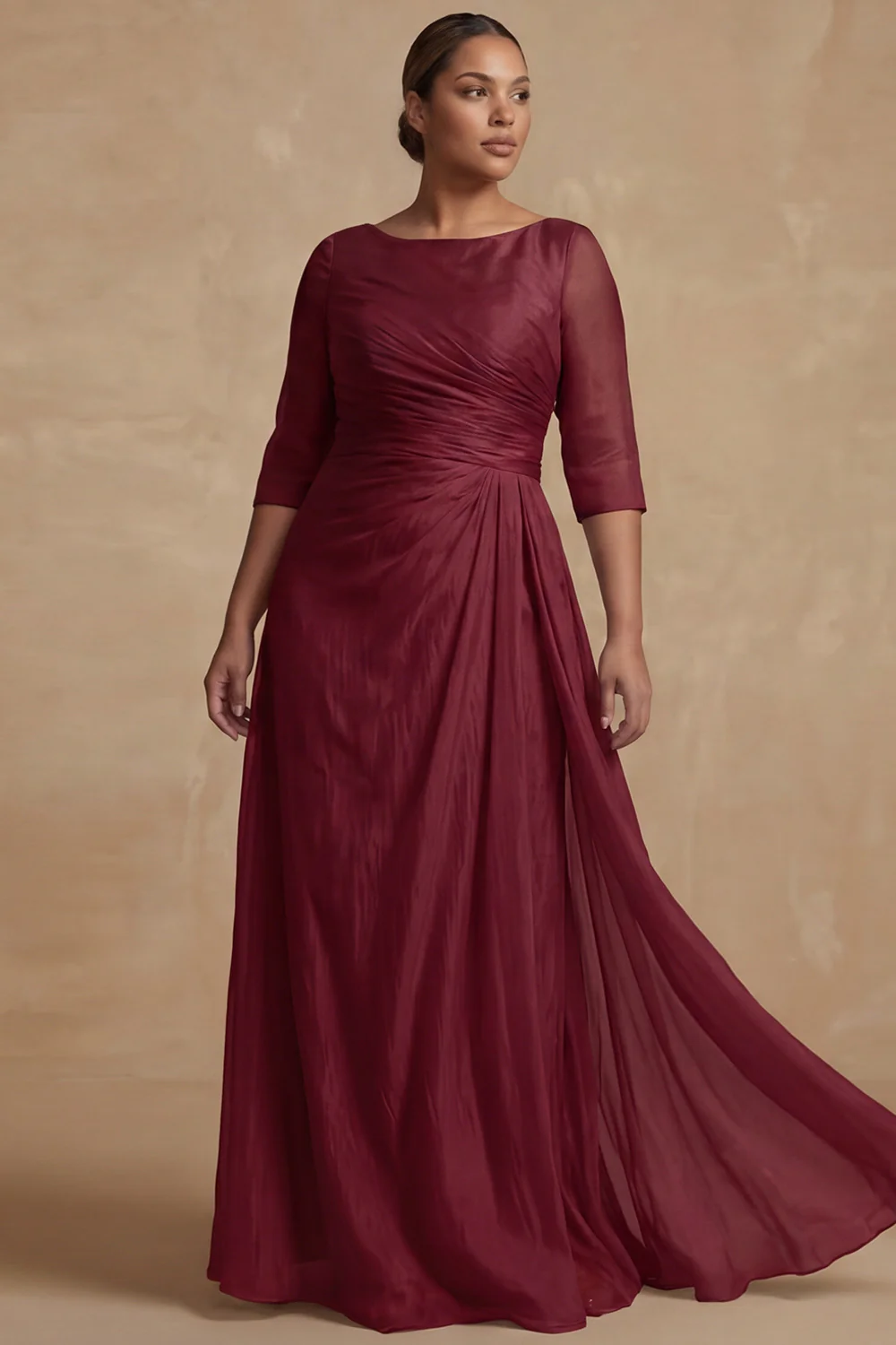 Dusty Sage Ruched A Line Half Sleeves Plus Size Mother Of The Bride Dress - Image 5