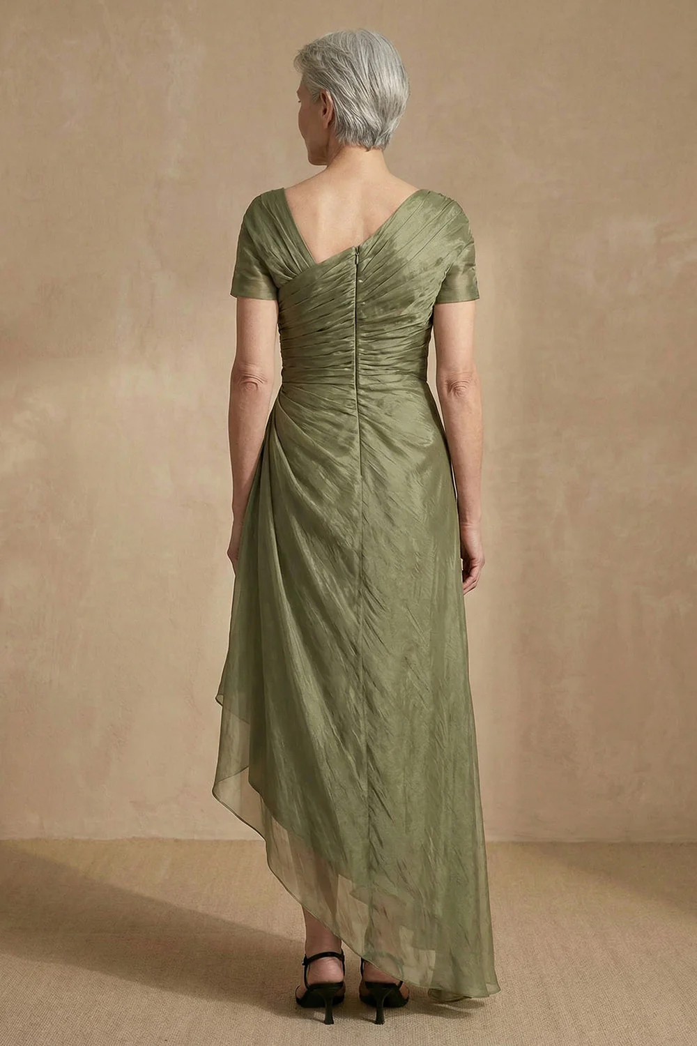 Dusty Sage Ruched A Line Short Sleeves Long Mother of the Bride Dress - Image 2