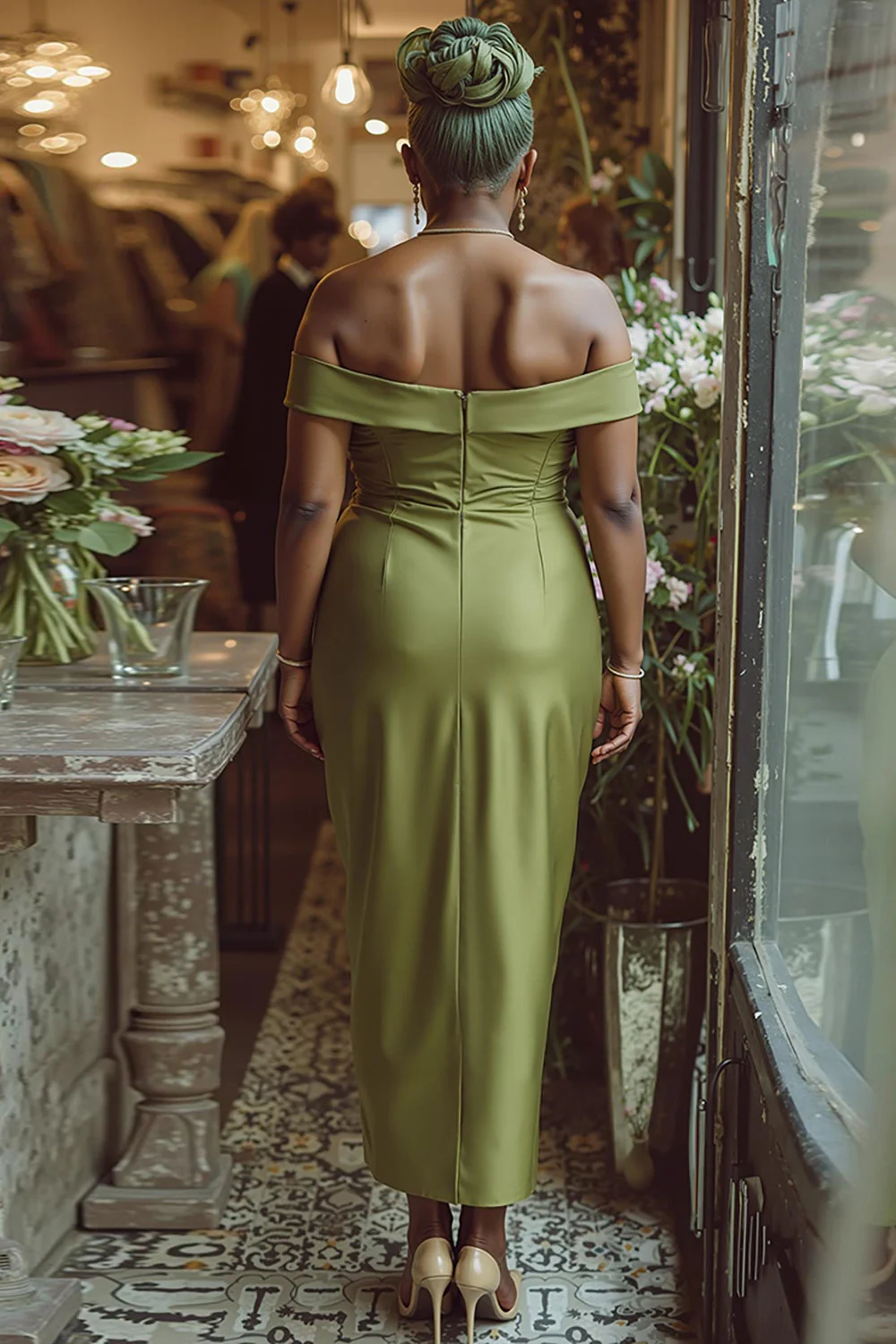 Dusty Sage Sheath Off The Shoulder Long Mother Of The Bride Dress - Image 2