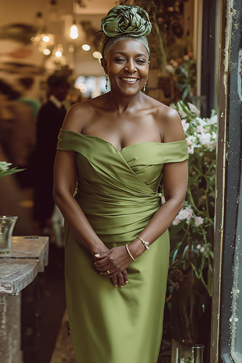 Dusty Sage Sheath Off The Shoulder Long Mother Of The Bride Dress - Image 3