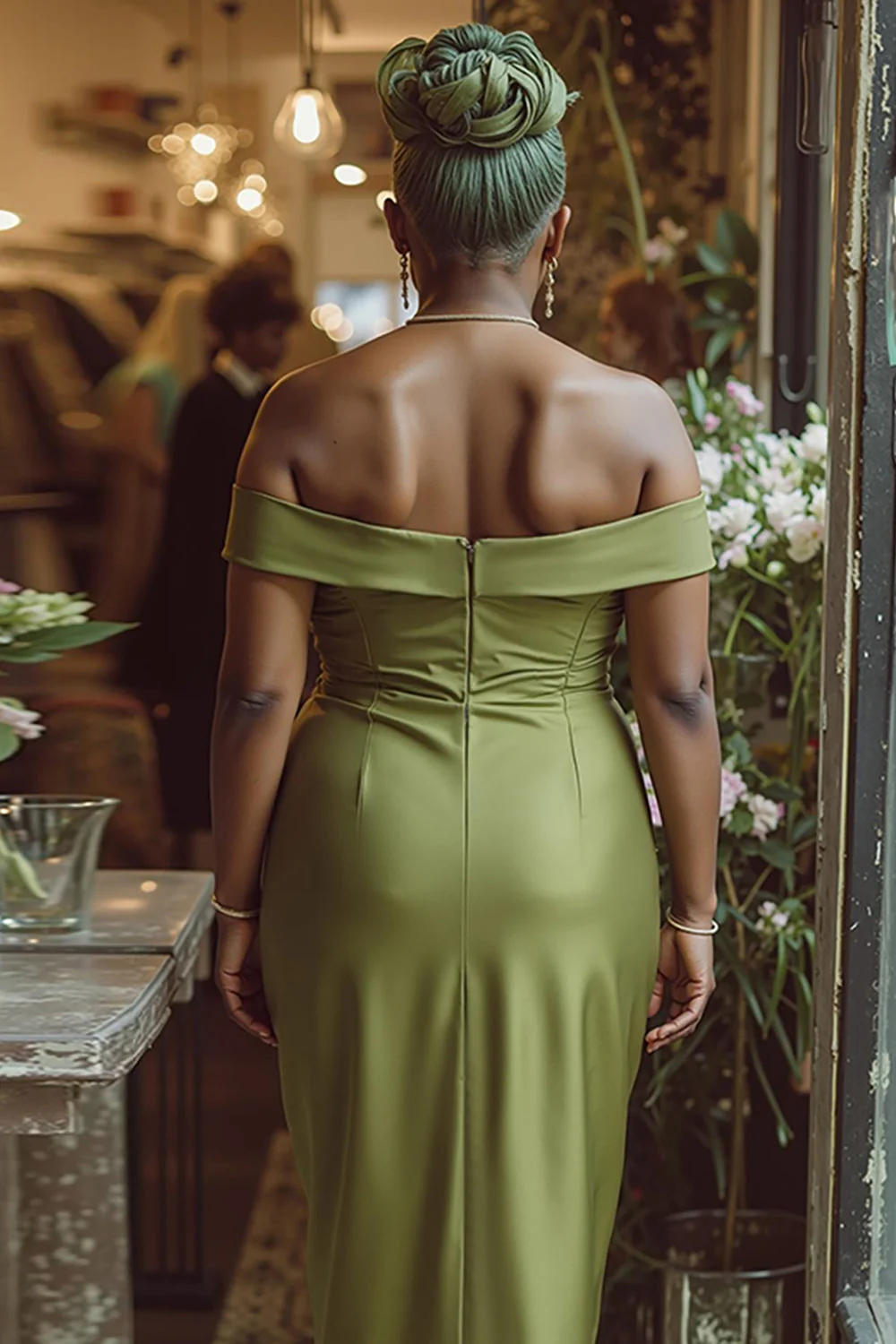 Dusty Sage Sheath Off The Shoulder Long Mother Of The Bride Dress - Image 4