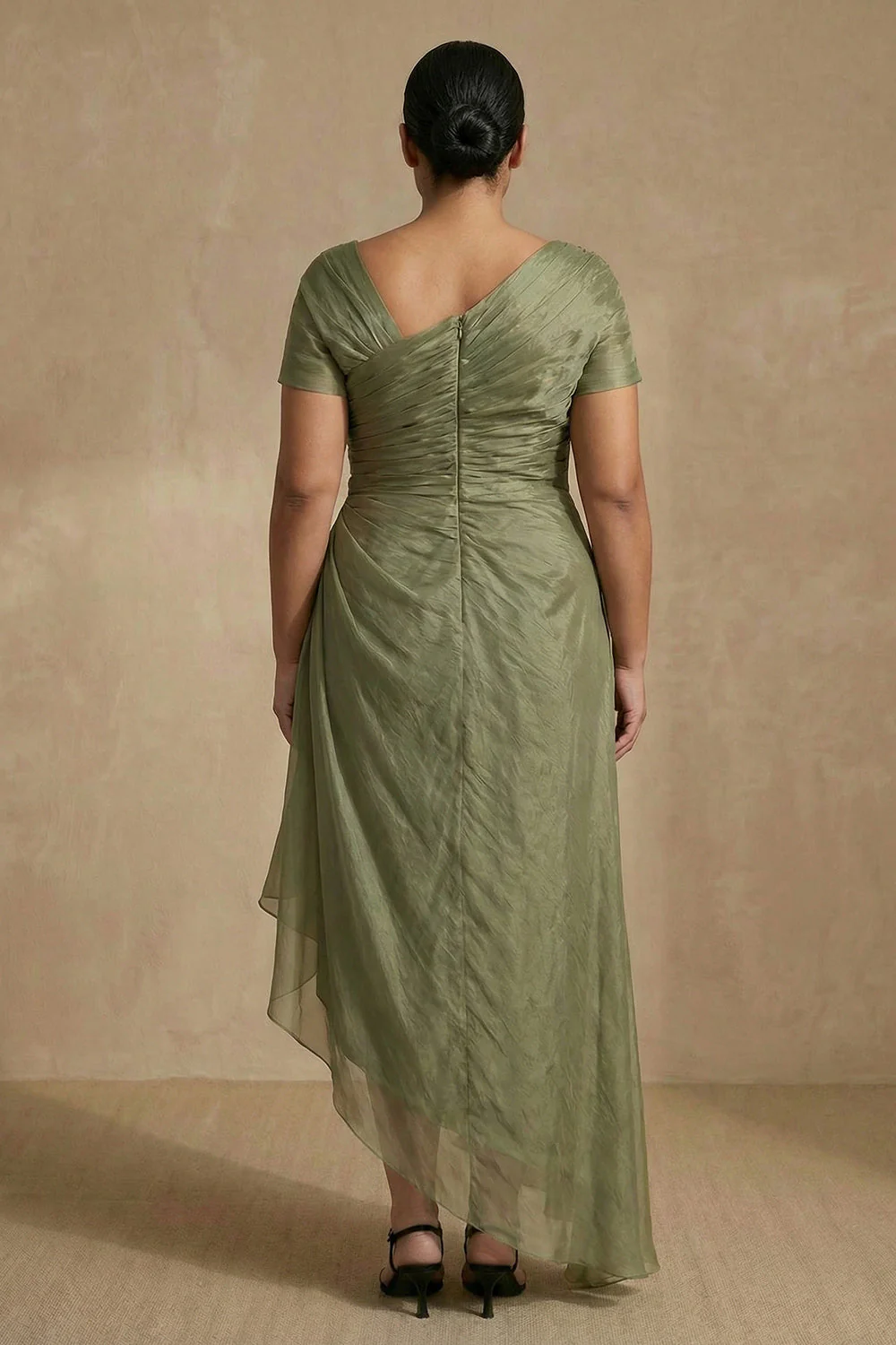 Dusty Sage Short Sleeves Ruched A Line Plus Size Mother Of The Bride Dress - Image 2