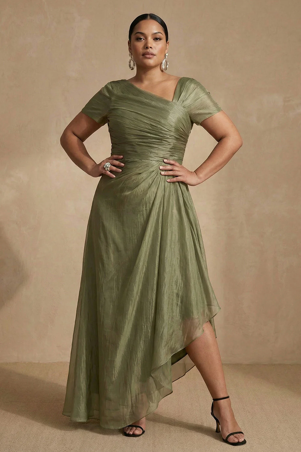 Dusty Sage Short Sleeves Ruched A Line Plus Size Mother Of The Bride Dress - Image 3
