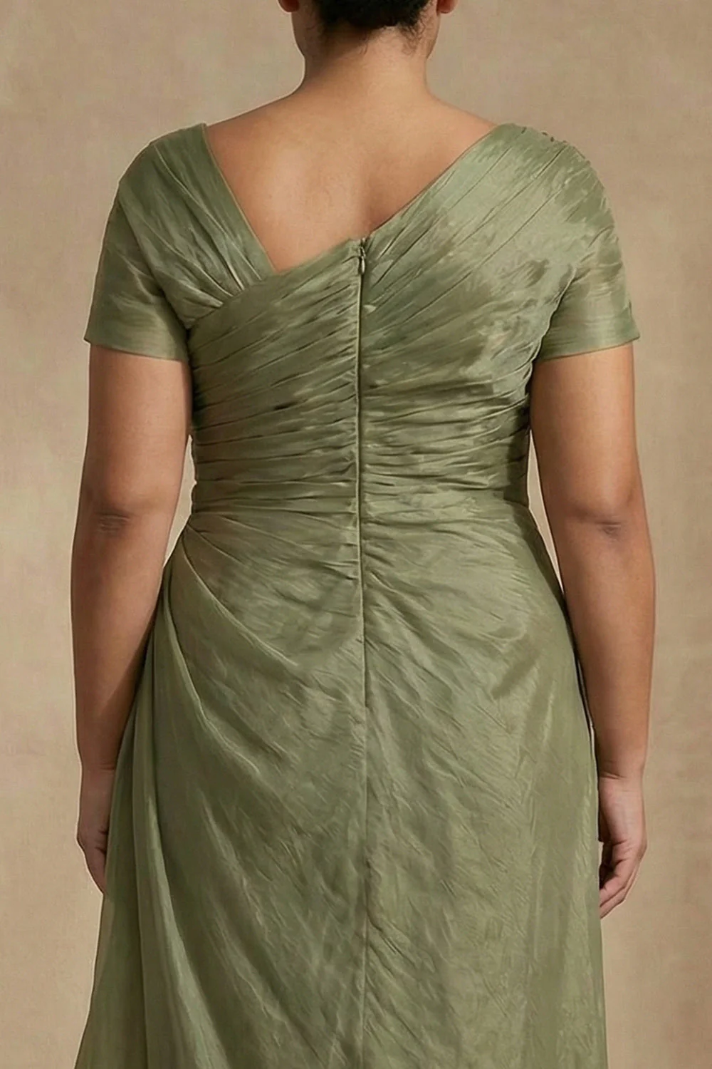 Dusty Sage Short Sleeves Ruched A Line Plus Size Mother Of The Bride Dress - Image 4