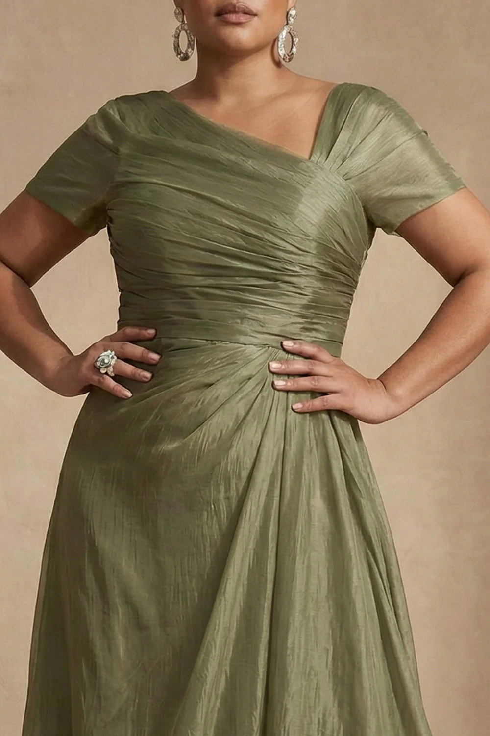 Dusty Sage Short Sleeves Ruched A Line Plus Size Mother Of The Bride Dress - Image 5