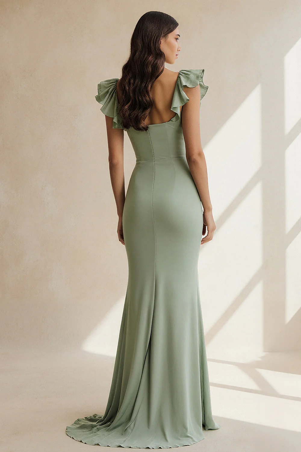 Dusty Sage Square Neck Ruffled Sheath Long Bridesmaid Dress with Slit - Image 2