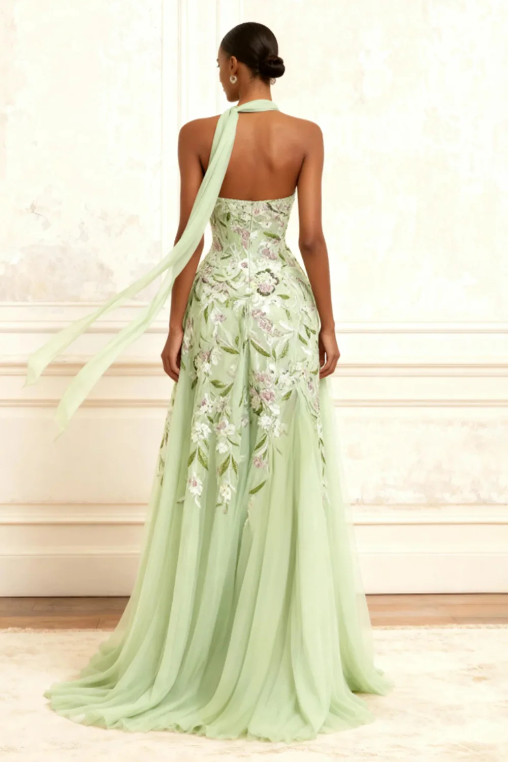 Dusty Sage Strapless A-Line Embroidered Long Prom Dress With Slit - Image 2