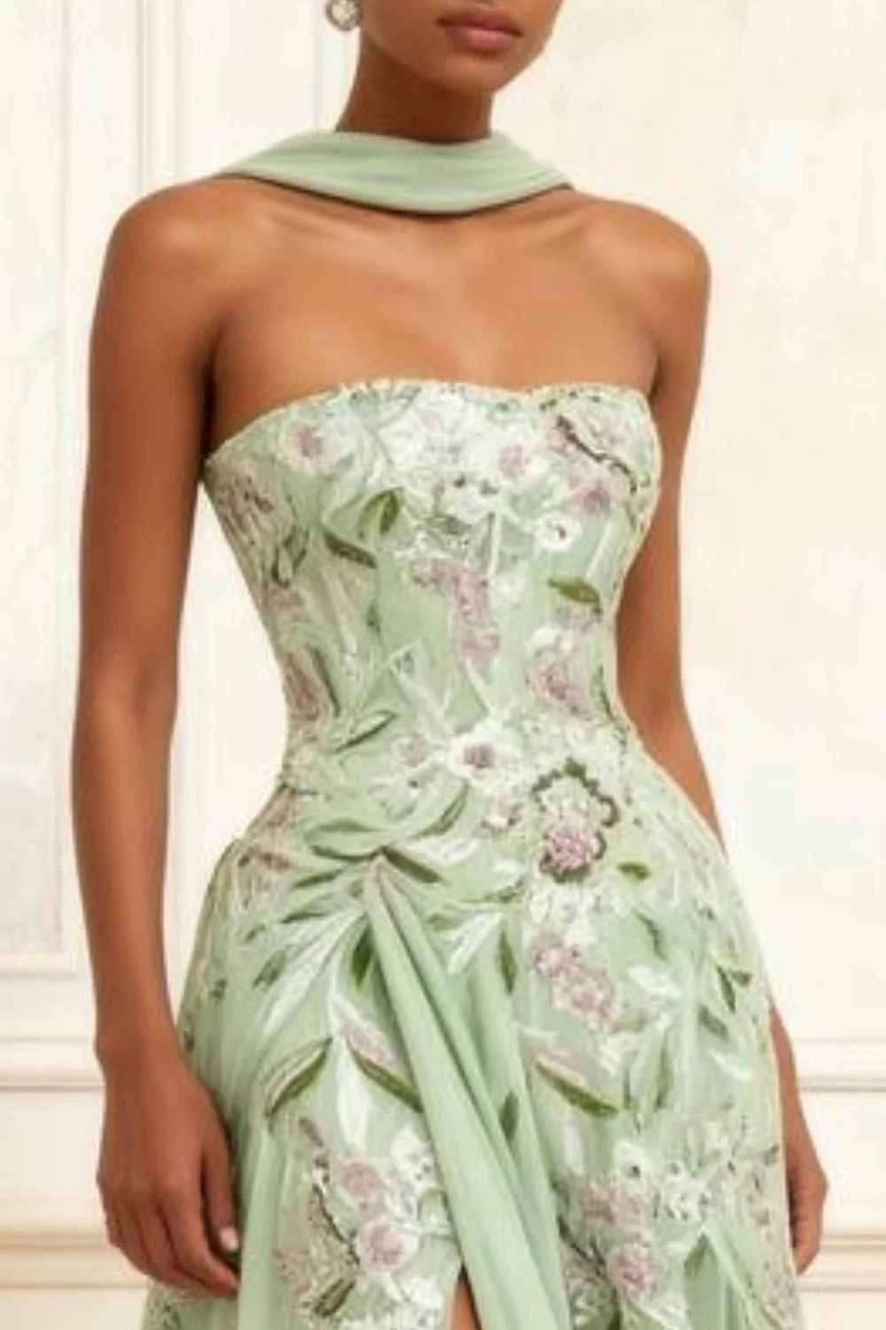 Dusty Sage Strapless A-Line Embroidered Long Prom Dress With Slit - Image 3