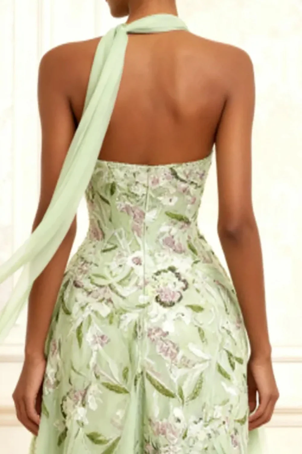 Dusty Sage Strapless A-Line Embroidered Long Prom Dress With Slit - Image 4