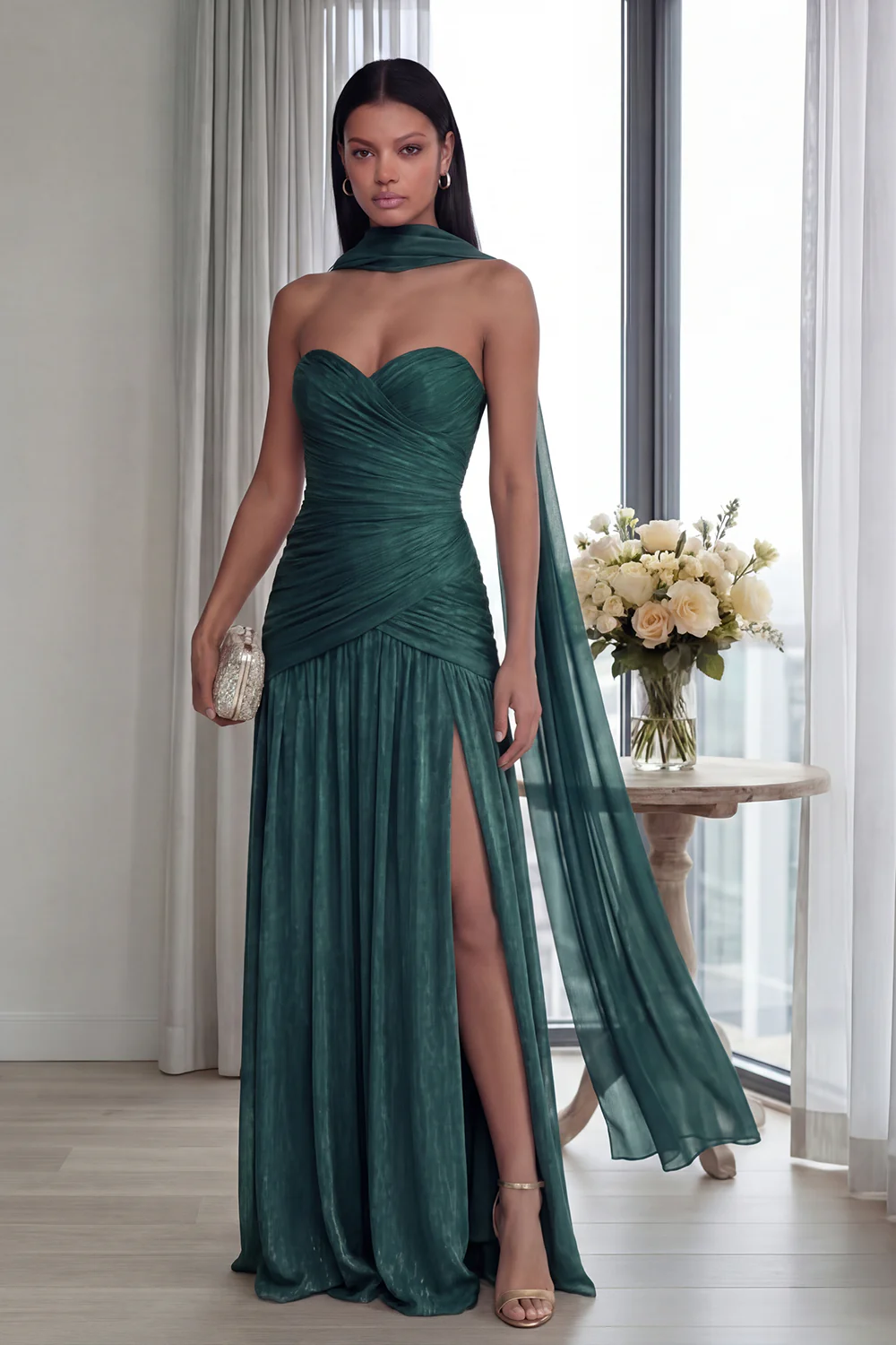 Strapless Dusty Sage Pleated A Line Streamer Long Evening Dress with Slit - Image 10