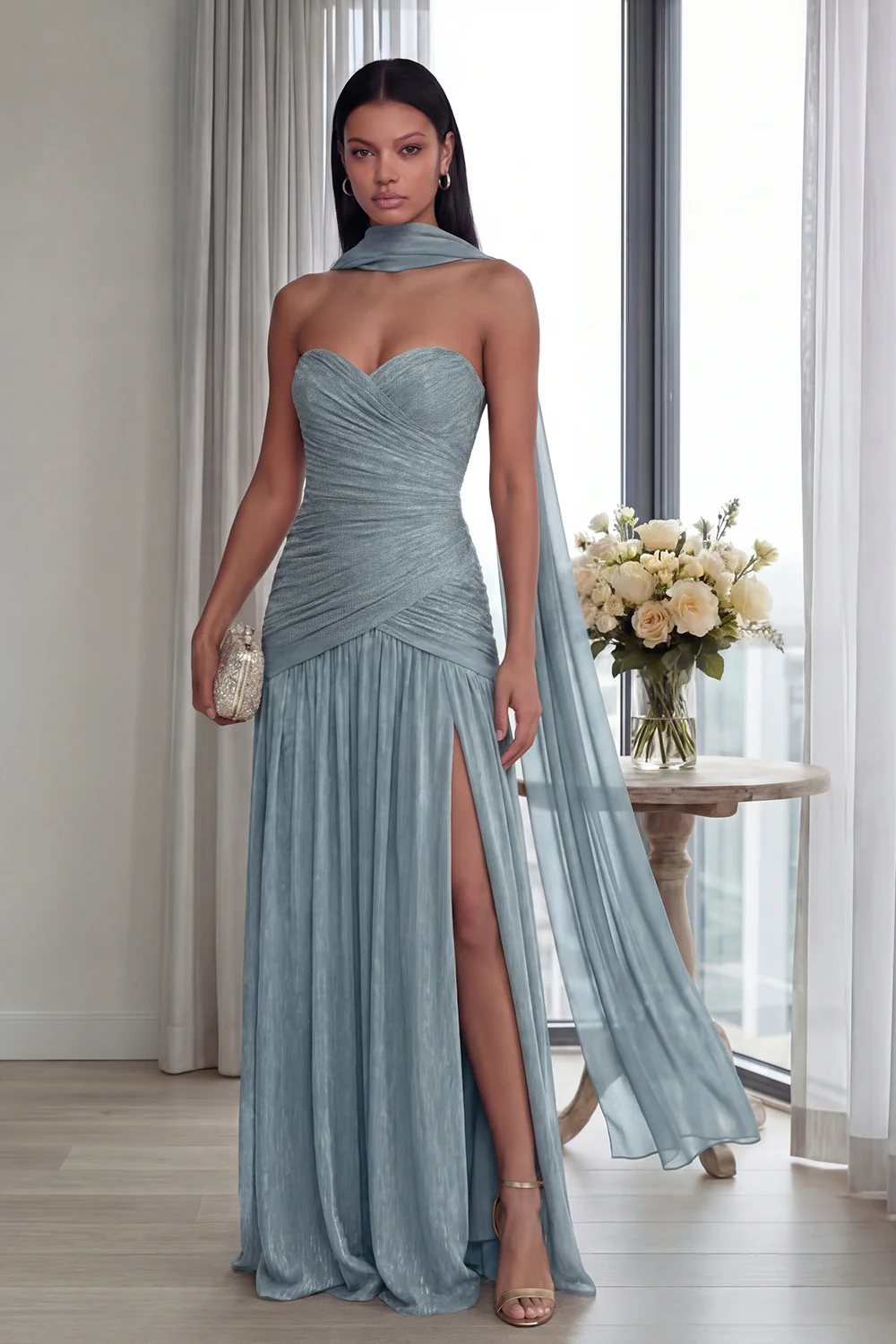 Strapless Dusty Sage Pleated A Line Streamer Long Evening Dress with Slit - Image 11
