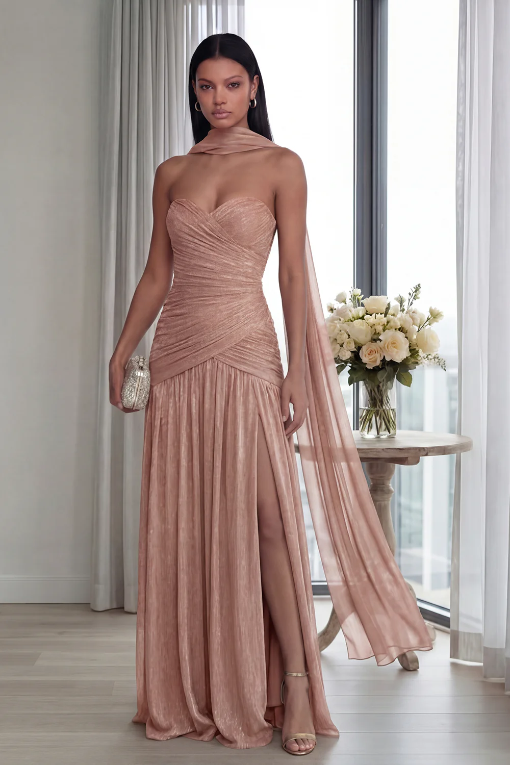 Strapless Dusty Sage Pleated A Line Streamer Long Evening Dress with Slit - Image 12