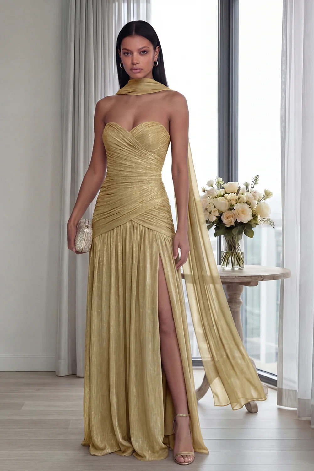 Strapless Dusty Sage Pleated A Line Streamer Long Evening Dress with Slit - Image 13