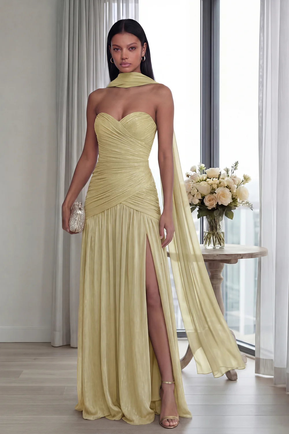 Strapless Dusty Sage Pleated A Line Streamer Long Evening Dress with Slit - Image 14