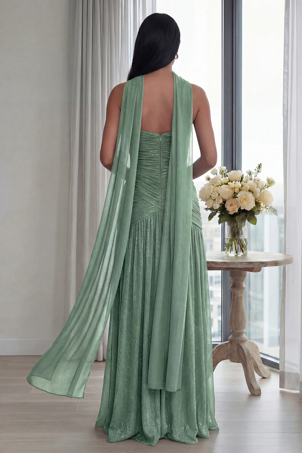 Strapless Dusty Sage Pleated A Line Streamer Long Evening Dress with Slit - Image 2