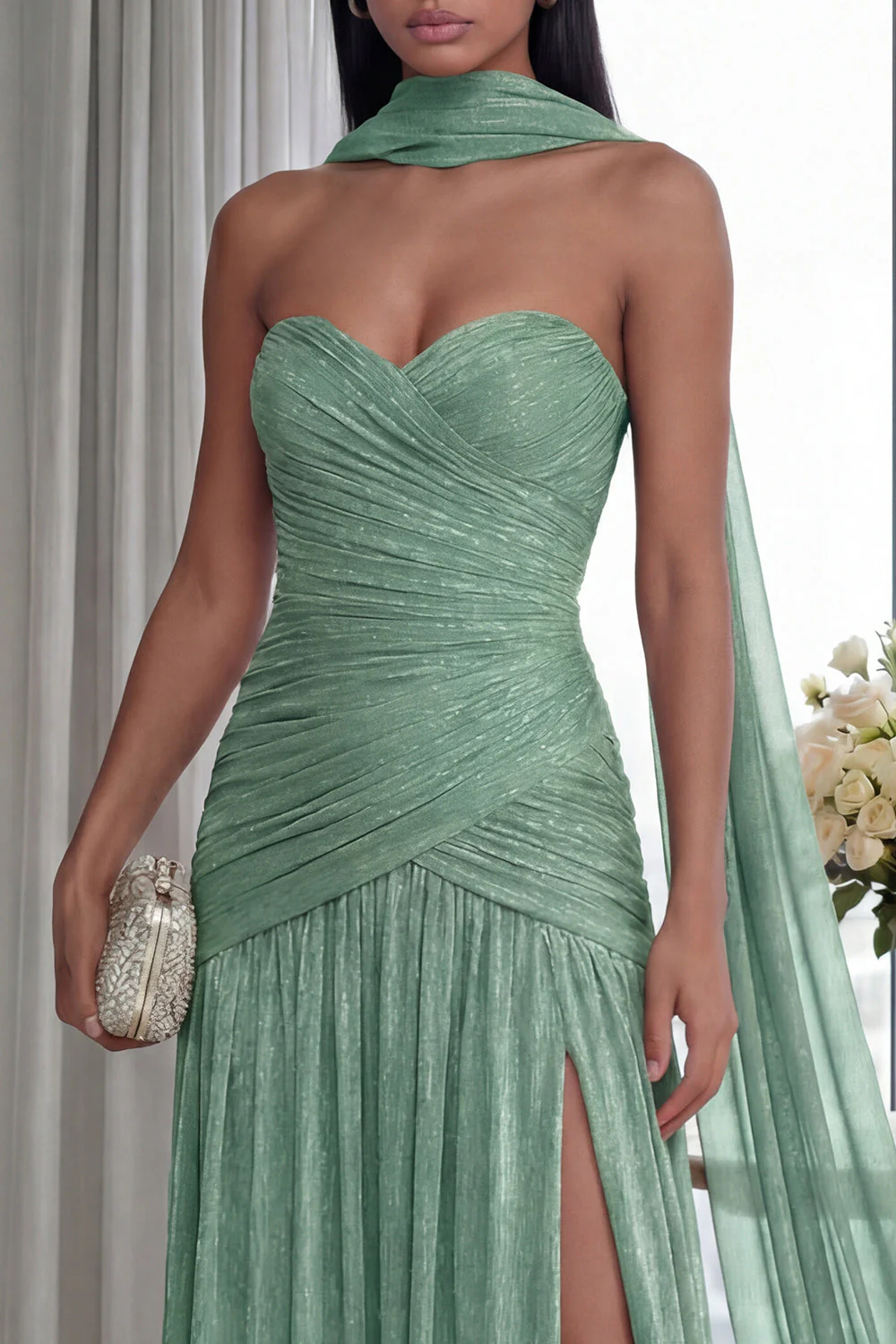 Strapless Dusty Sage Pleated A Line Streamer Long Evening Dress with Slit - Image 3