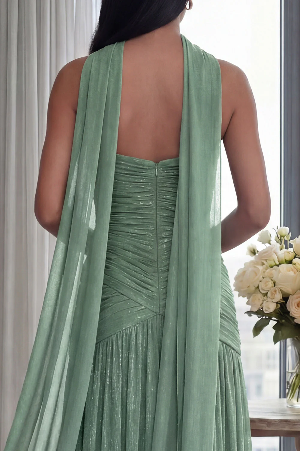 Strapless Dusty Sage Pleated A Line Streamer Long Evening Dress with Slit - Image 4