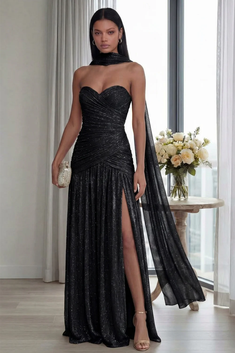 Strapless Dusty Sage Pleated A Line Streamer Long Evening Dress with Slit - Image 5