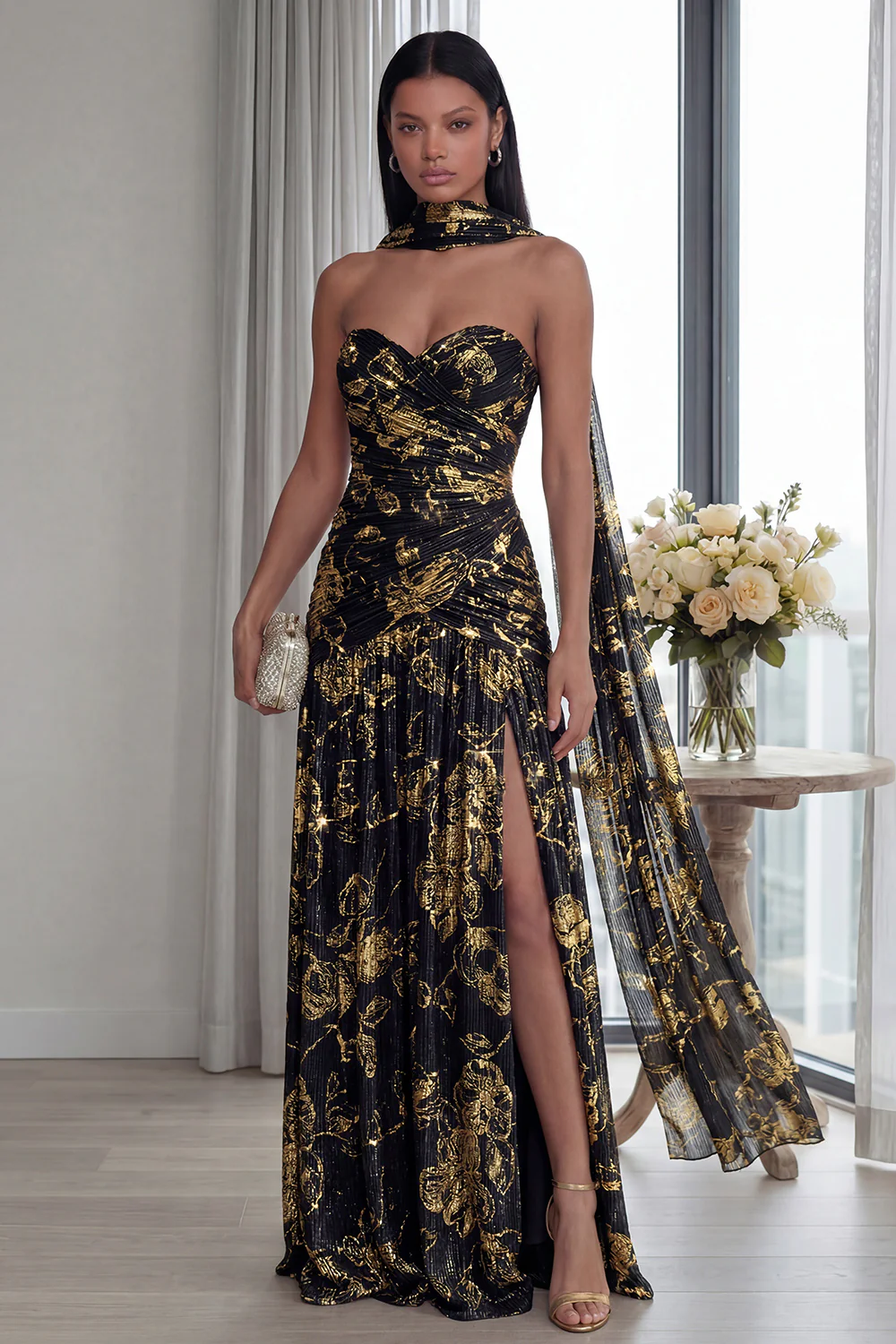 Strapless Dusty Sage Pleated A Line Streamer Long Evening Dress with Slit - Image 6