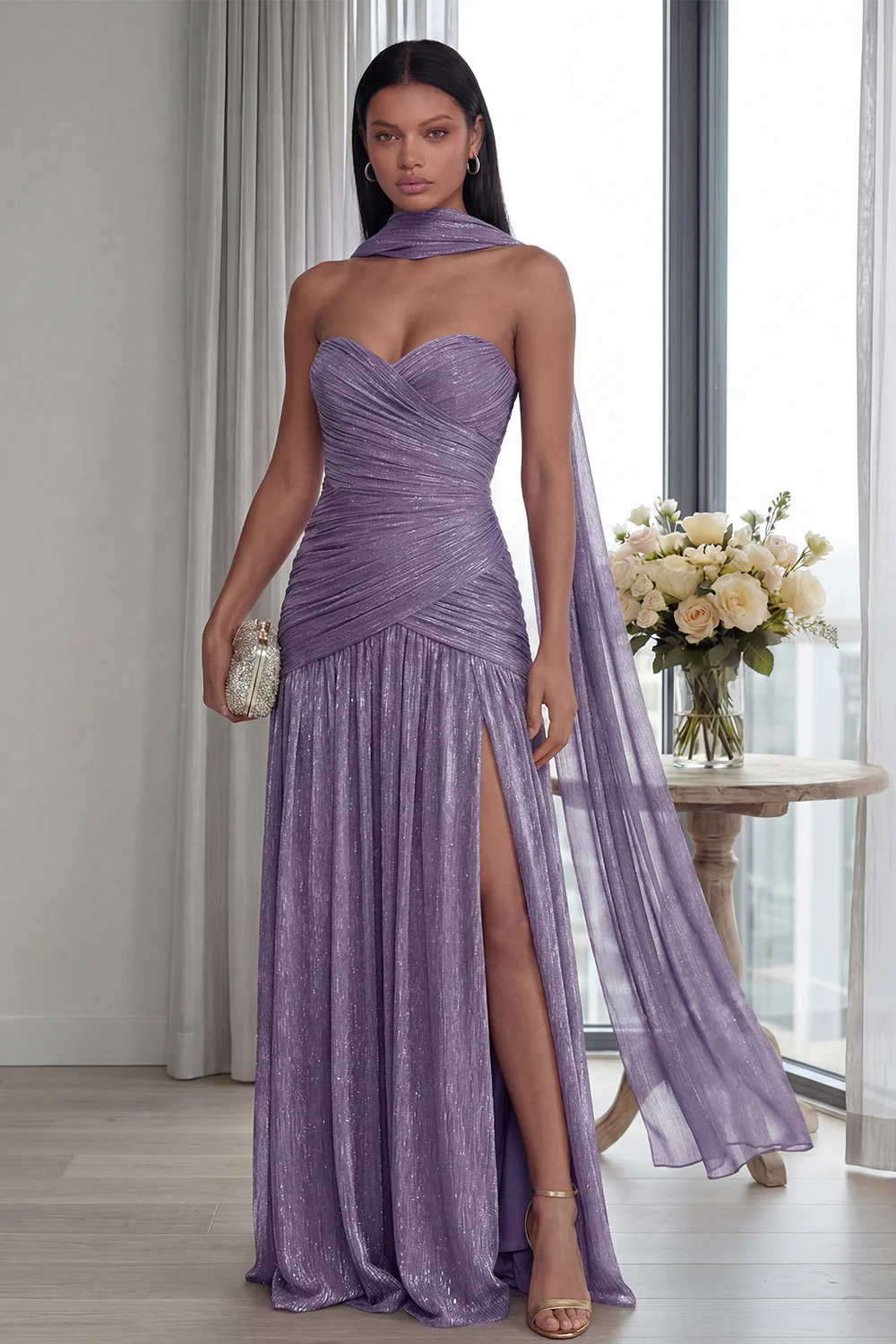 Strapless Dusty Sage Pleated A Line Streamer Long Evening Dress with Slit - Image 7