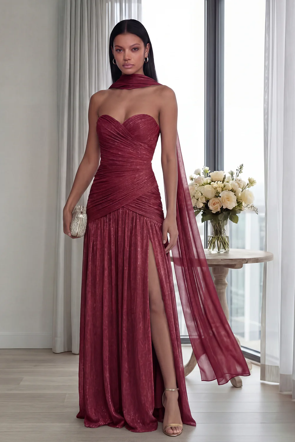 Strapless Dusty Sage Pleated A Line Streamer Long Evening Dress with Slit - Image 8