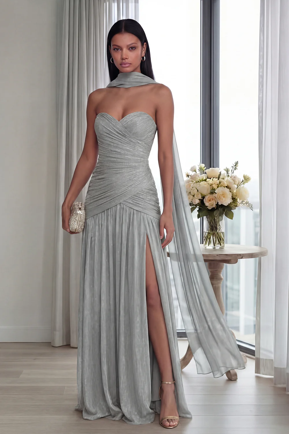Strapless Dusty Sage Pleated A Line Streamer Long Evening Dress with Slit - Image 9