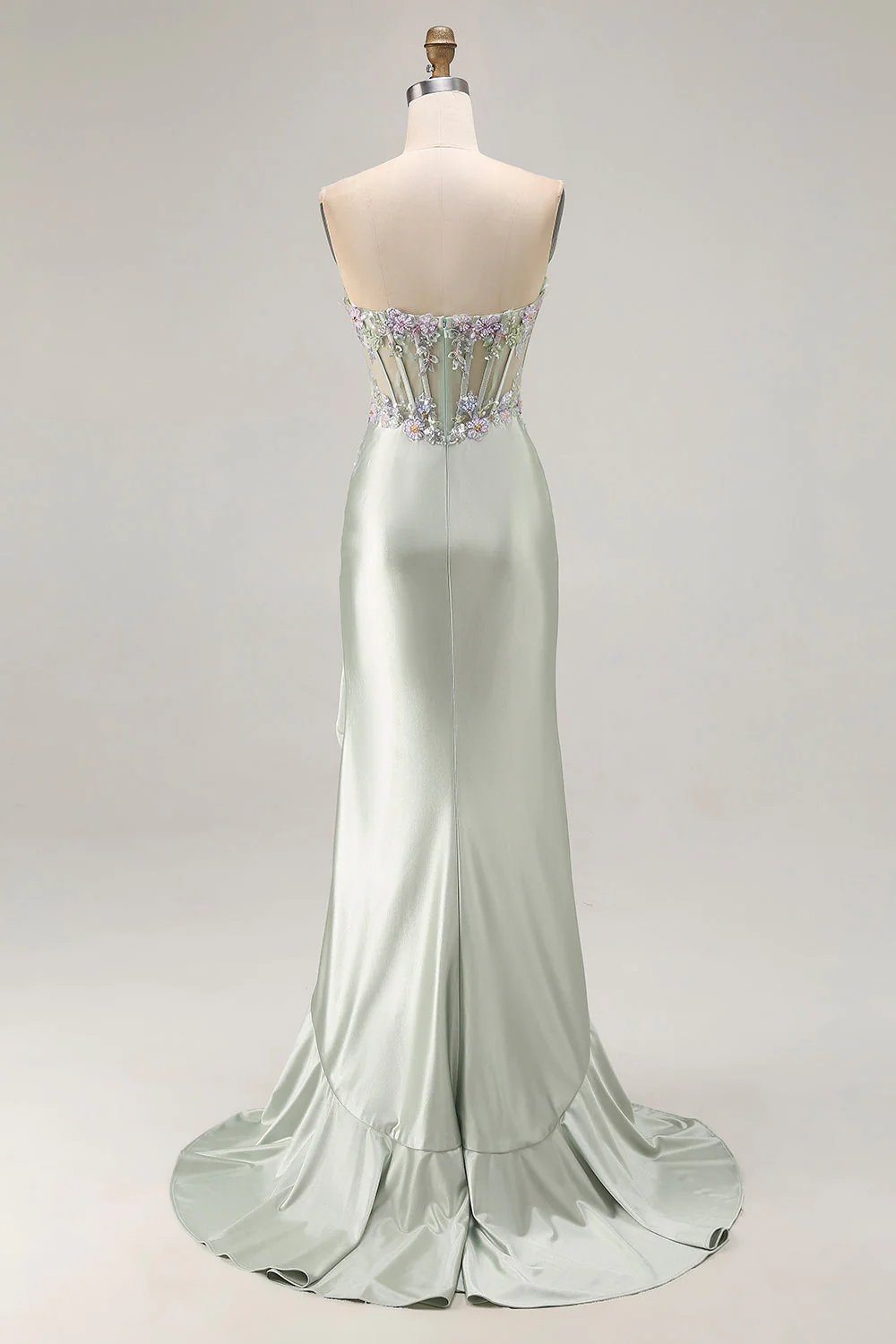 Dusty Sage Sweetheart Applique Corset Mermaid Sequin Long Prom Dress with Ruffle Slit - Image 2