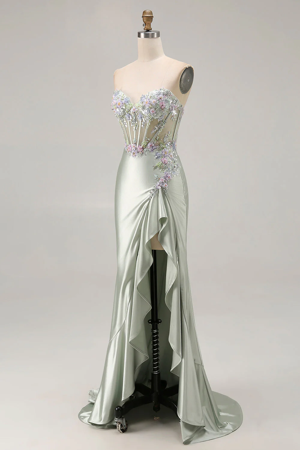 Dusty Sage Sweetheart Applique Corset Mermaid Sequin Long Prom Dress with Ruffle Slit - Image 3