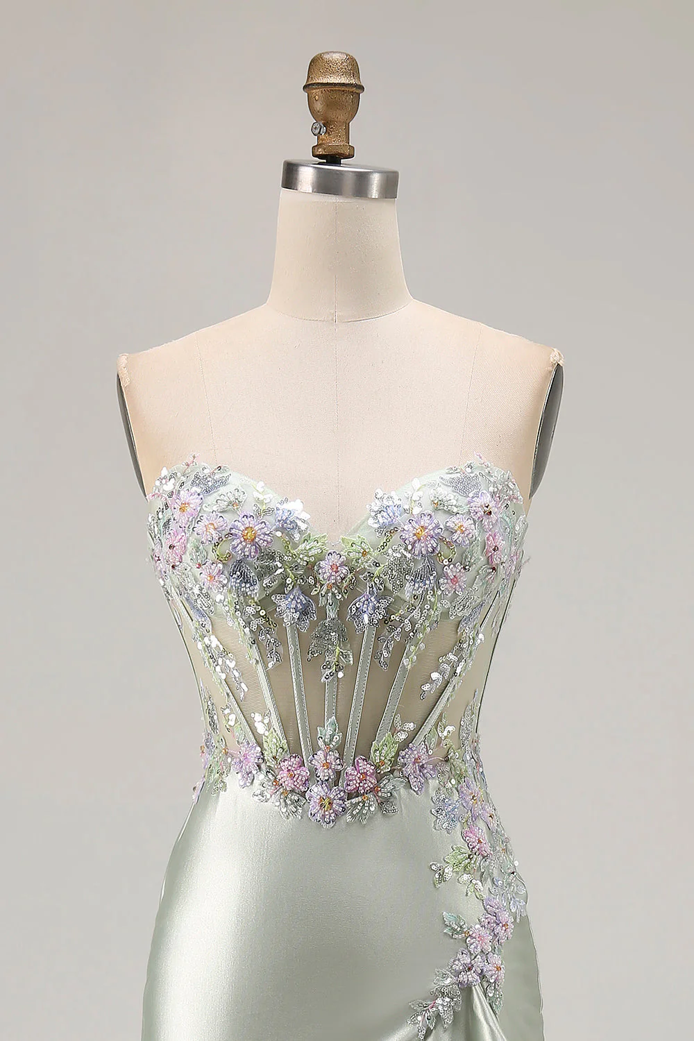 Dusty Sage Sweetheart Applique Corset Mermaid Sequin Long Prom Dress with Ruffle Slit - Image 4