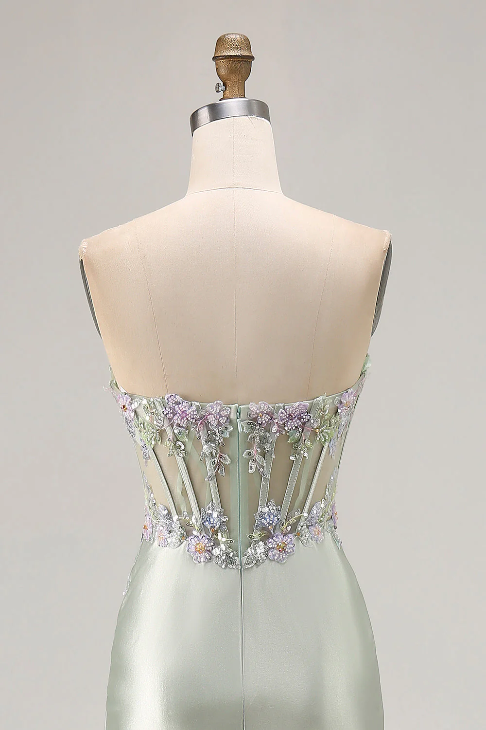 Dusty Sage Sweetheart Applique Corset Mermaid Sequin Long Prom Dress with Ruffle Slit - Image 5