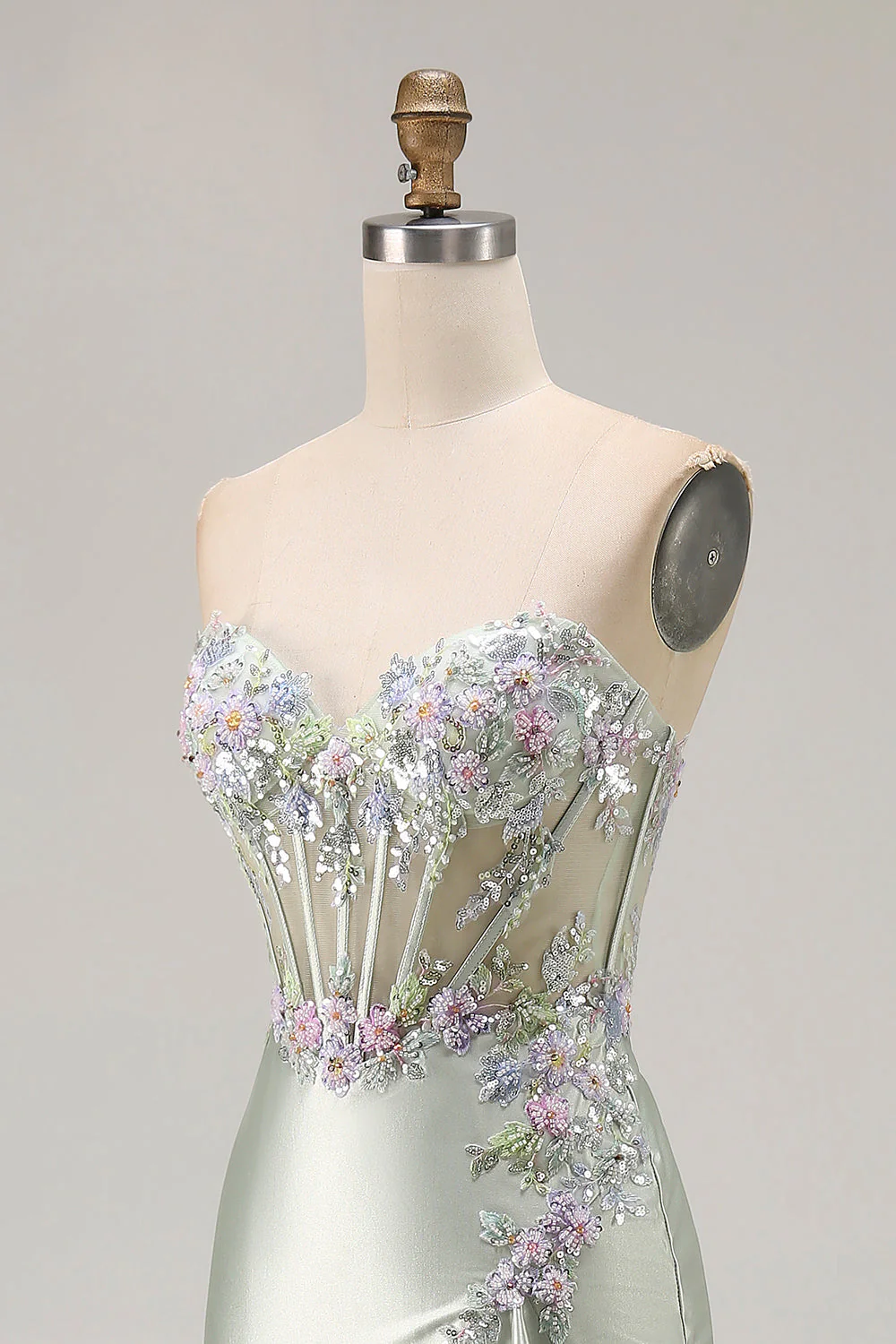 Dusty Sage Sweetheart Applique Corset Mermaid Sequin Long Prom Dress with Ruffle Slit - Image 6