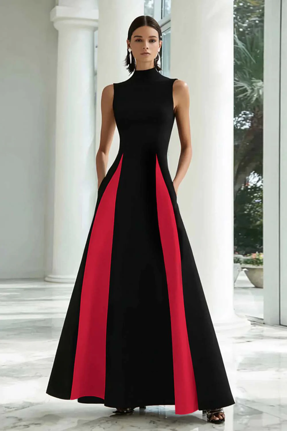 Elegant A-Line Black and White High Neck Long Evening Dress - Image 10