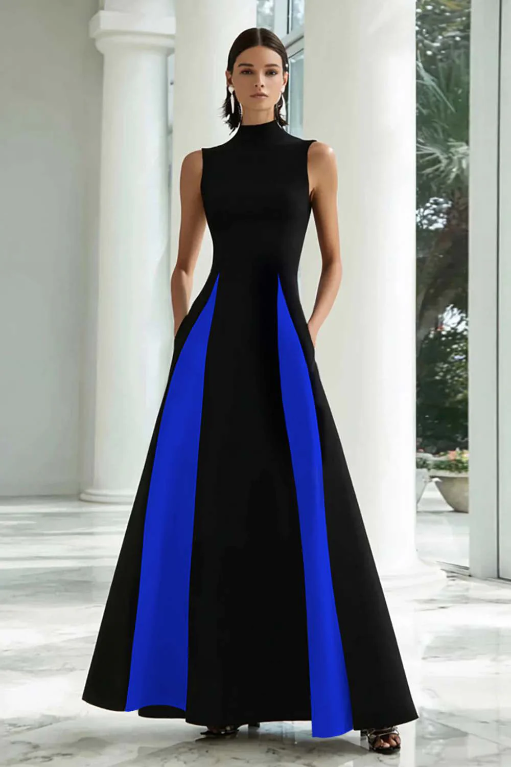 Elegant A-Line Black and White High Neck Long Evening Dress - Image 11