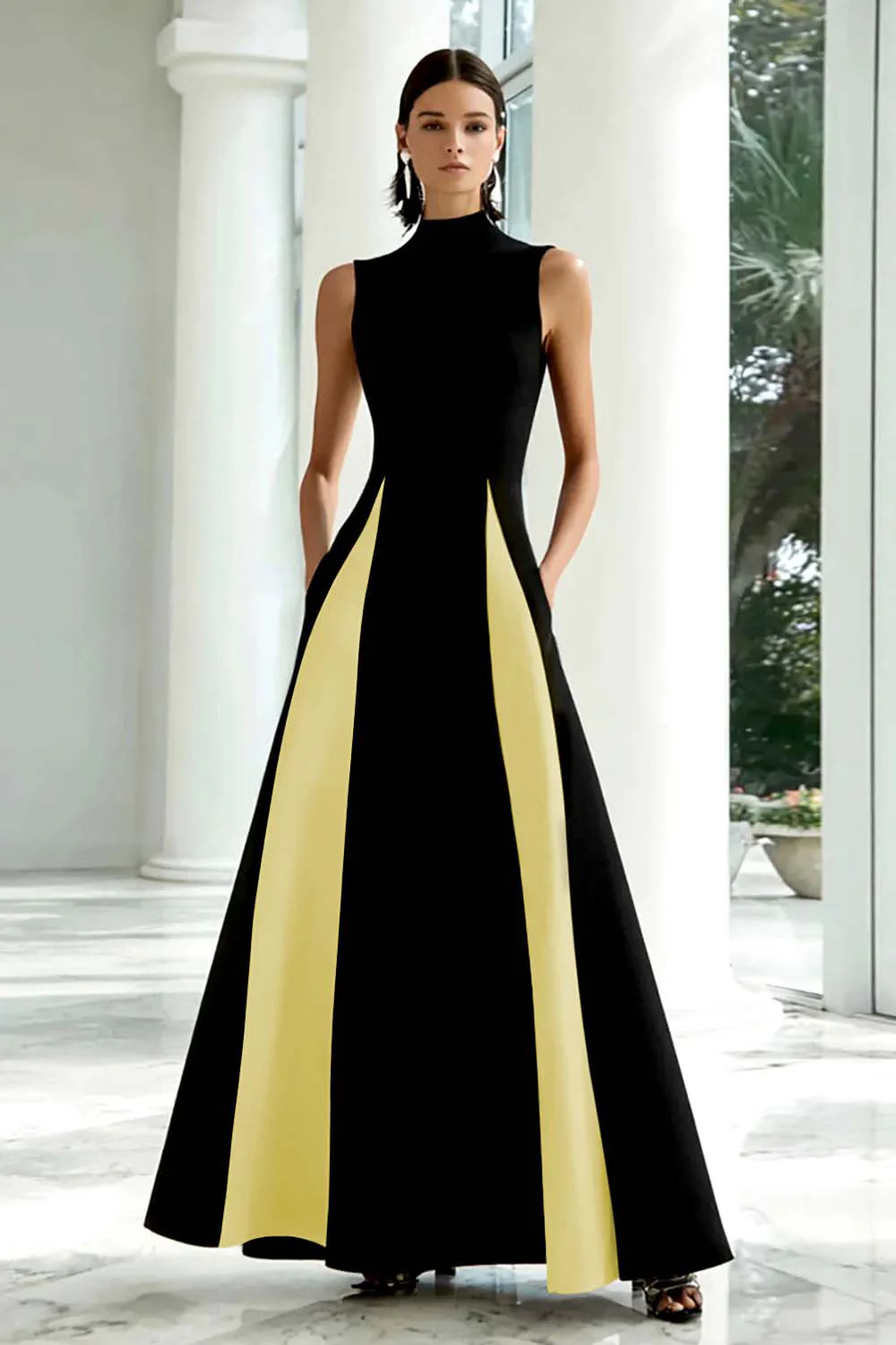 Elegant A-Line Black and White High Neck Long Evening Dress - Image 12