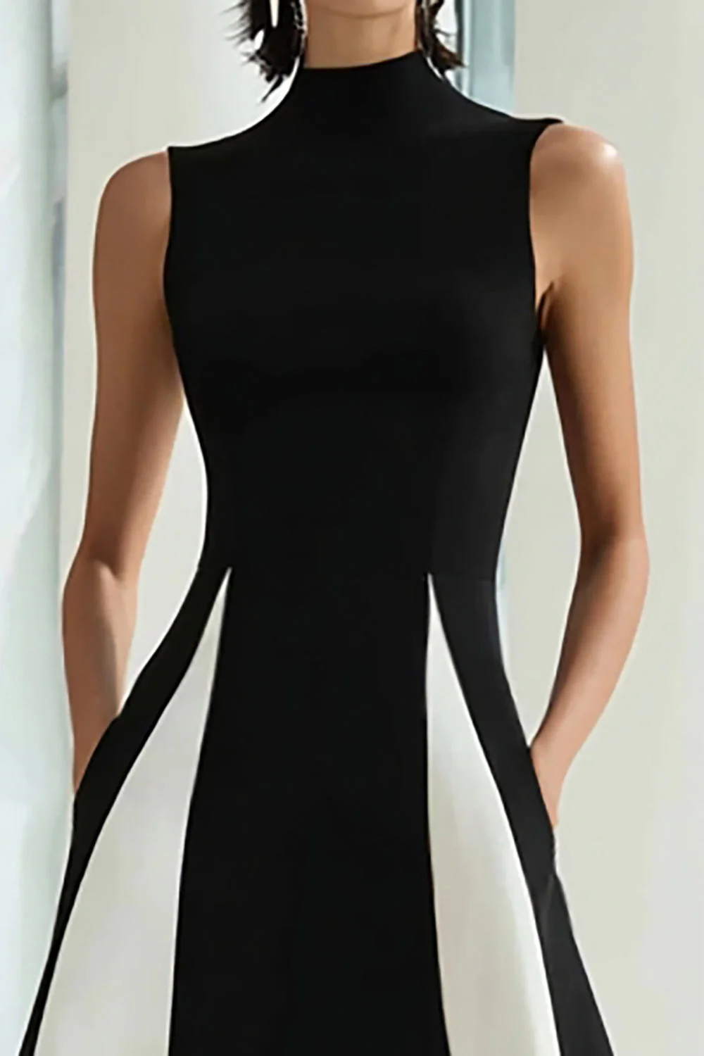 Elegant A-Line Black and White High Neck Long Evening Dress - Image 2