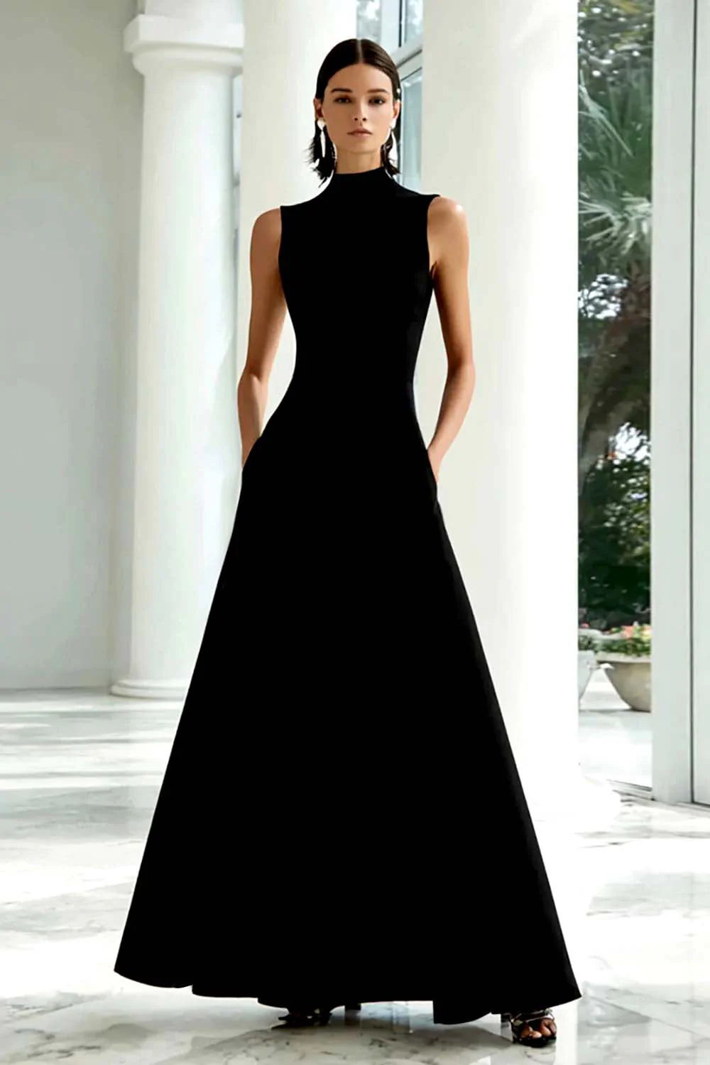 Elegant A-Line Black and White High Neck Long Evening Dress - Image 3