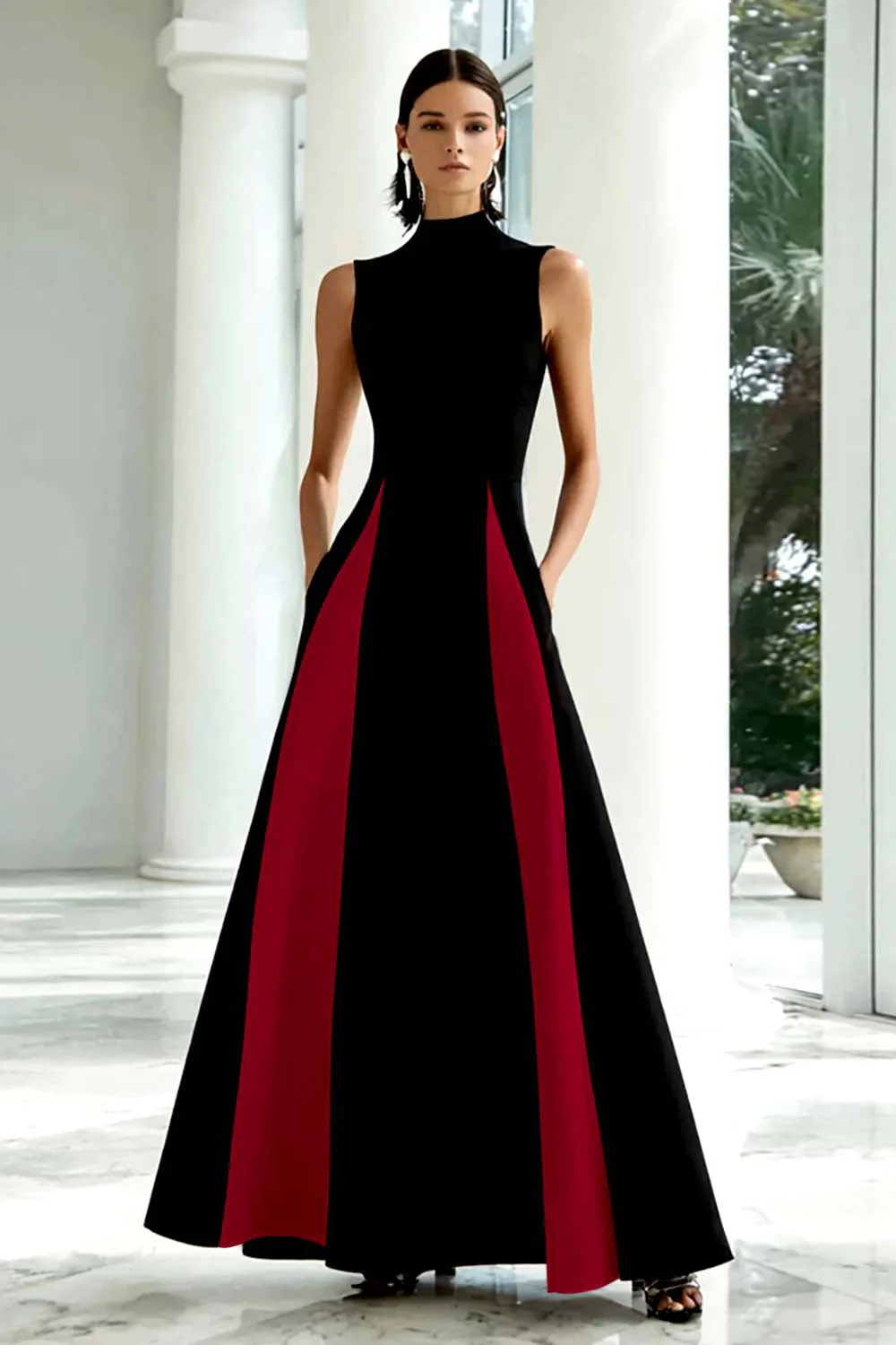 Elegant A-Line Black and White High Neck Long Evening Dress - Image 4
