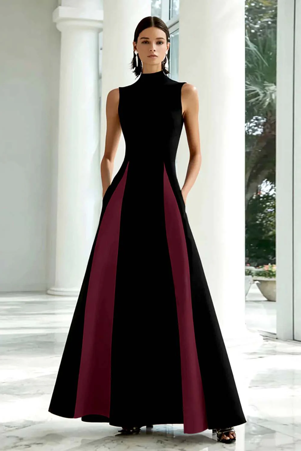Elegant A-Line Black and White High Neck Long Evening Dress - Image 5