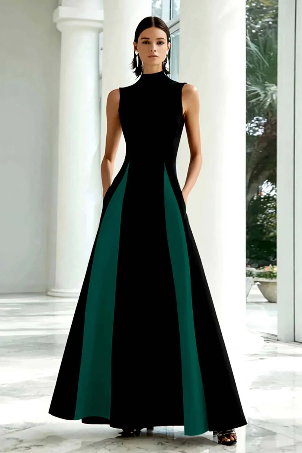 Elegant A-Line Black and White High Neck Long Evening Dress - Image 6